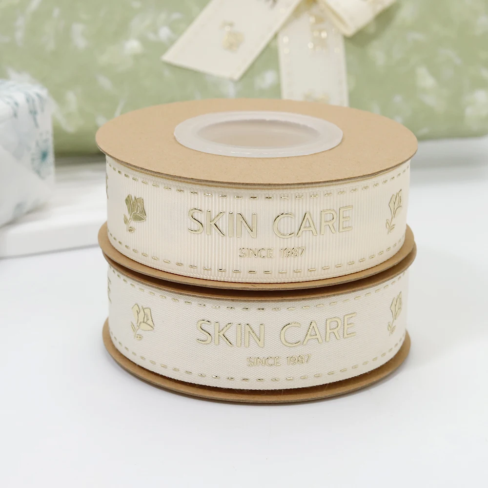 Customized Gold Foil Tape 1 inch Printing Ribbon Cotton Ribbon With Logo for Gift Cake Box Packaging