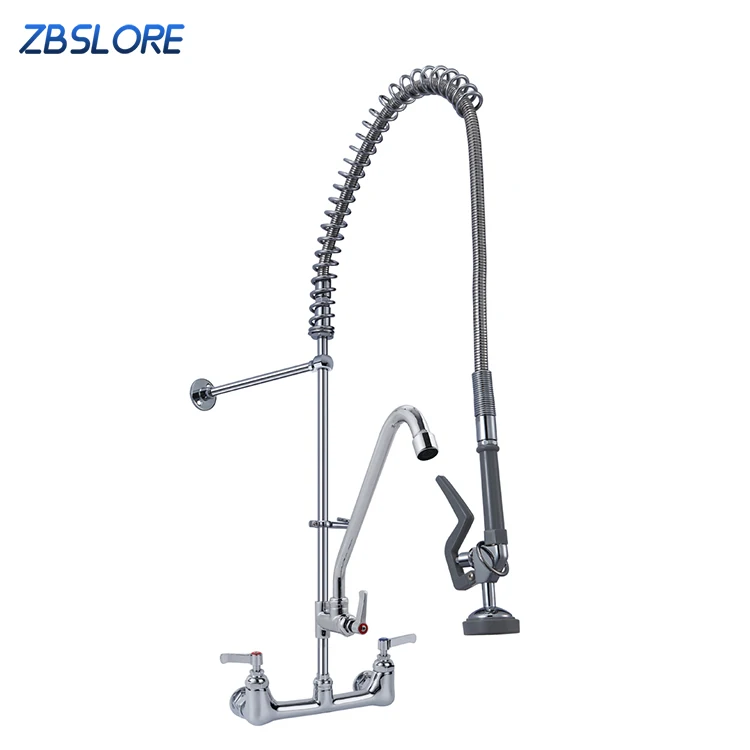 Modern Style Professional Rotatable Commercial Chrome Polished Pull Out Sprayer Spring Wall Mount Dual Handle Kitchen Faucet
