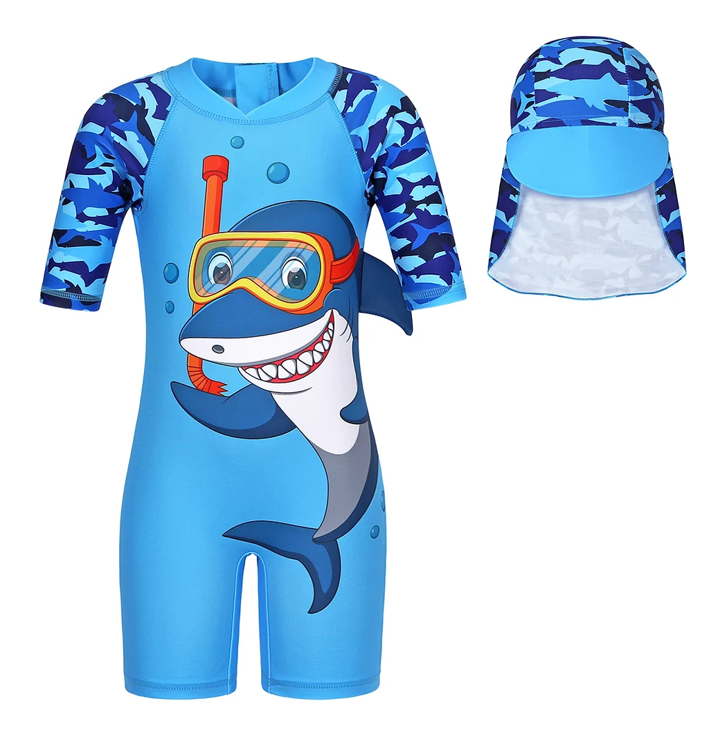 Baby Boys Kids Swimsuit Cartoon Shark  One Piece Toddlers Zipper Bathing Suit Swimwear with Hat Rash Guard Surfing Suit