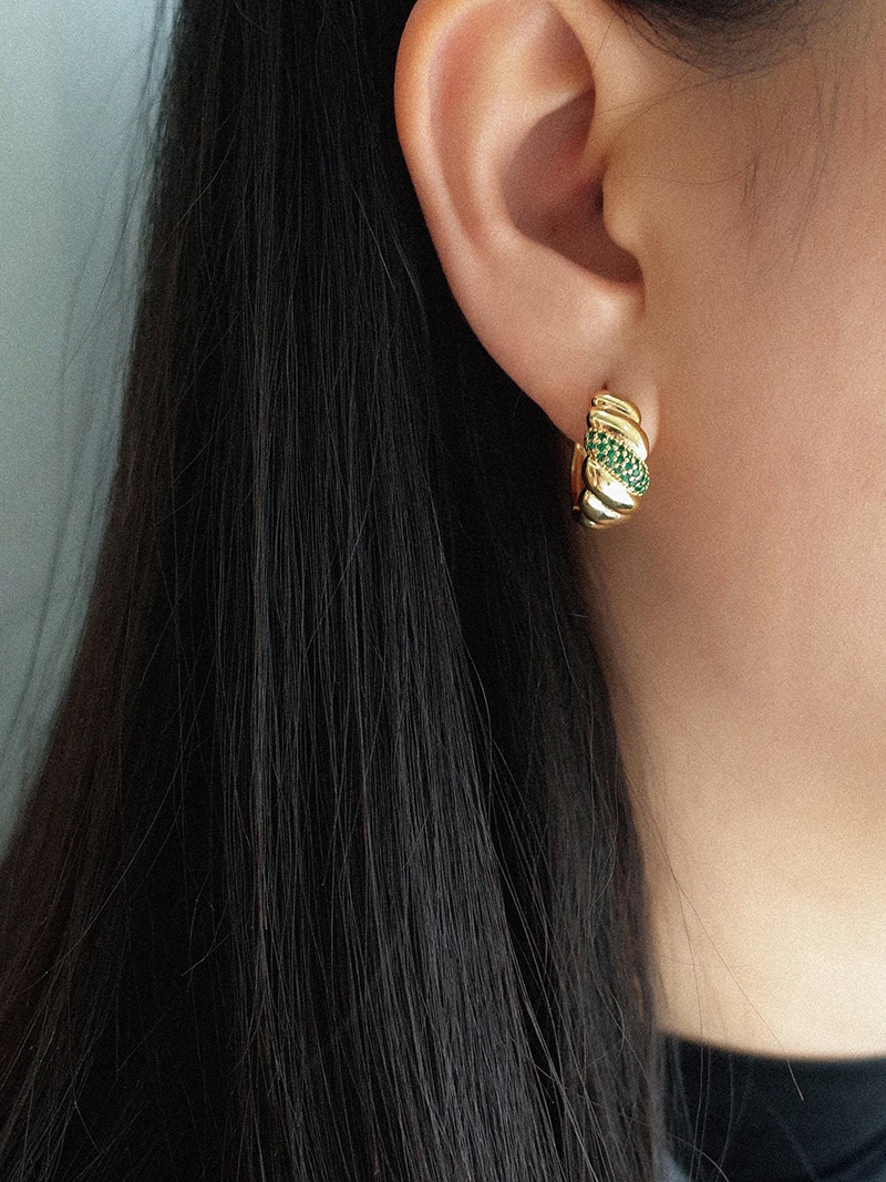 Delicate women earrings hoops thick small vintage 18k gold plated huggie round white  green zirconia jewelry hoop earrings