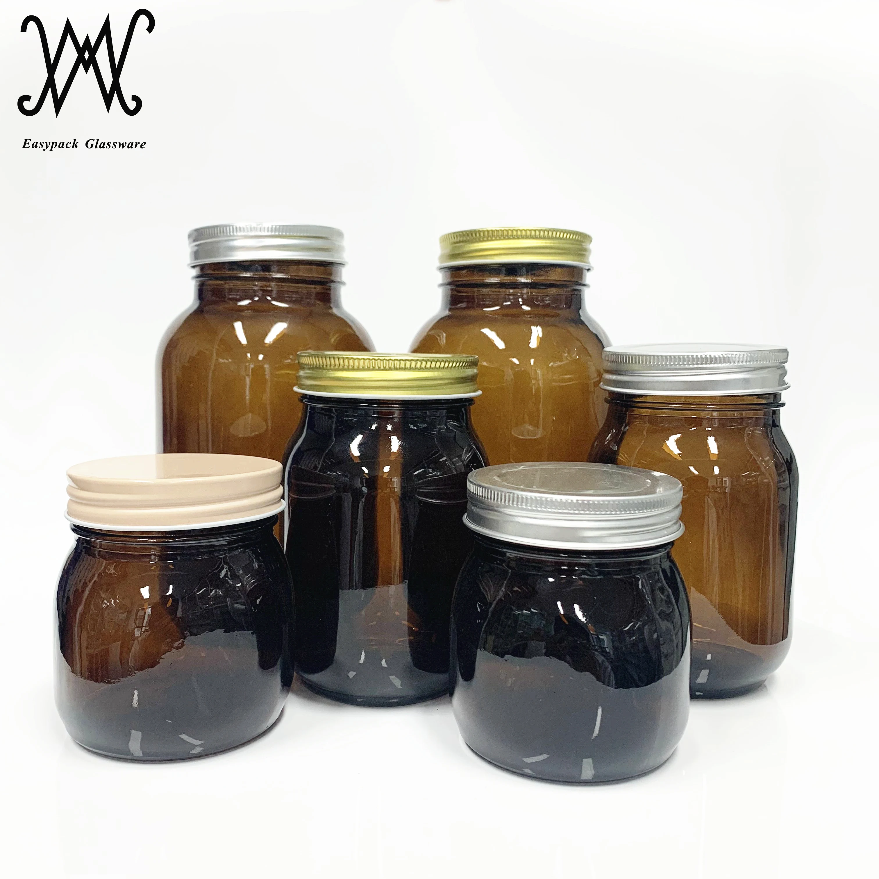 70mm regular wide mouth large amber colored glass mason jars with metal lid for food storage lightproof