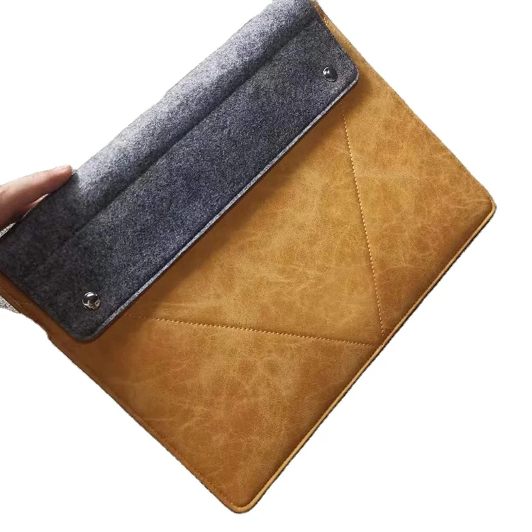 High quality PU leather and felt material envelope design document file bag case with button snap closure A4 size