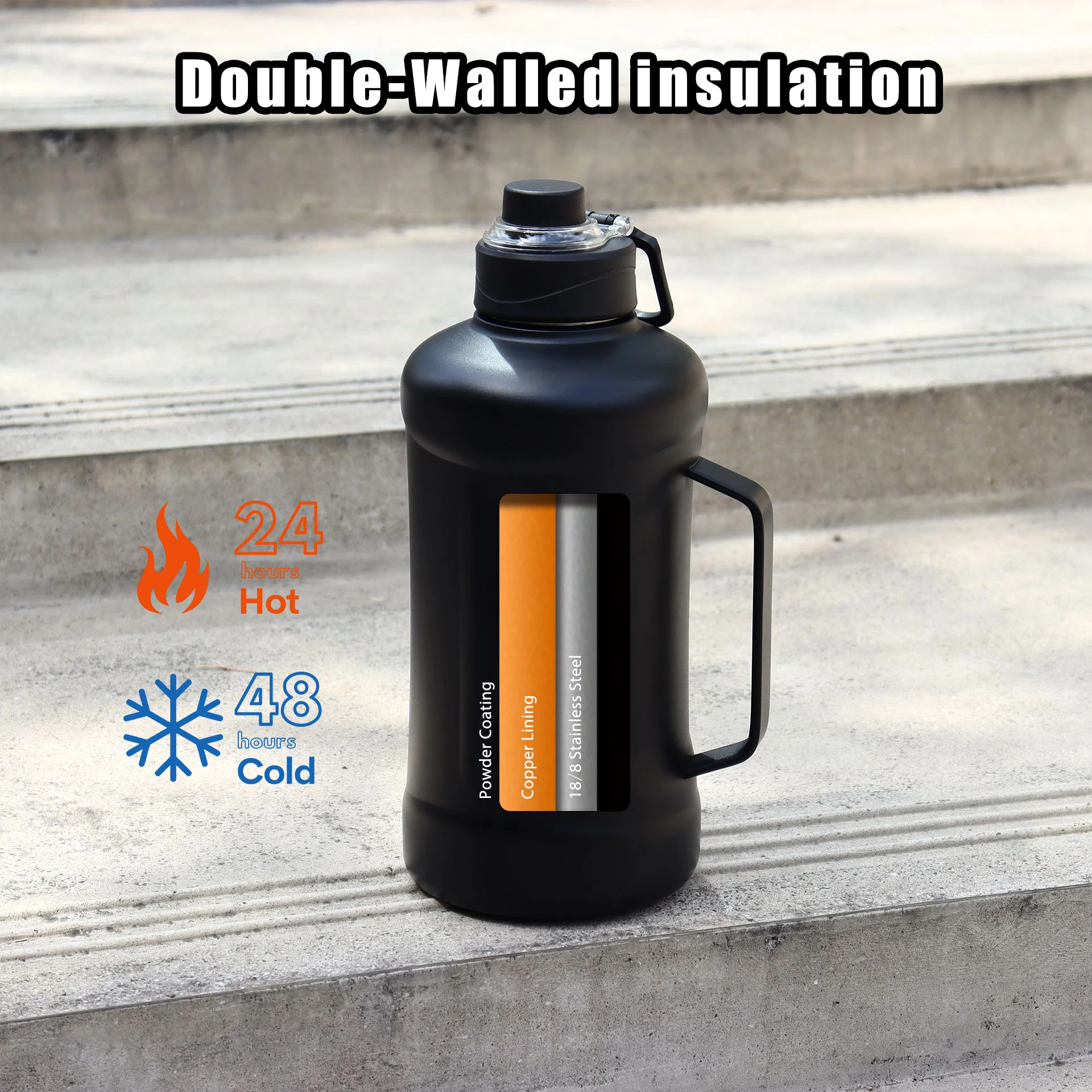 SS 316 BPA Free Leak Proof Stainless Steel Water Jug Half Gallon 64 oz Big Water Bottle with Handle for Gym Hiking Camp Travel