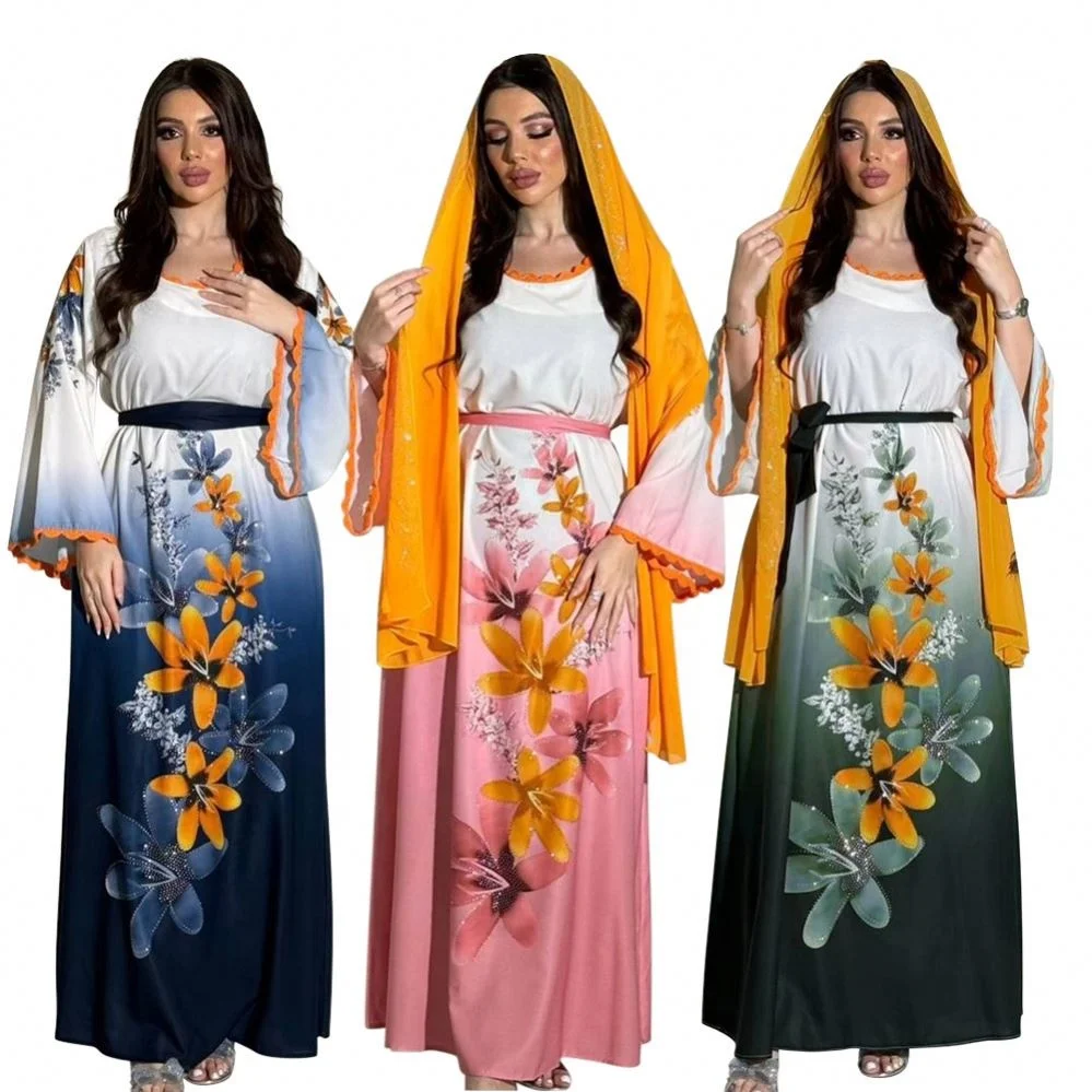 Women Manufacturer Made Dubai Arab Middle East New Robe Hot Diamond Fashion Printed Muslim Dress With Hijab