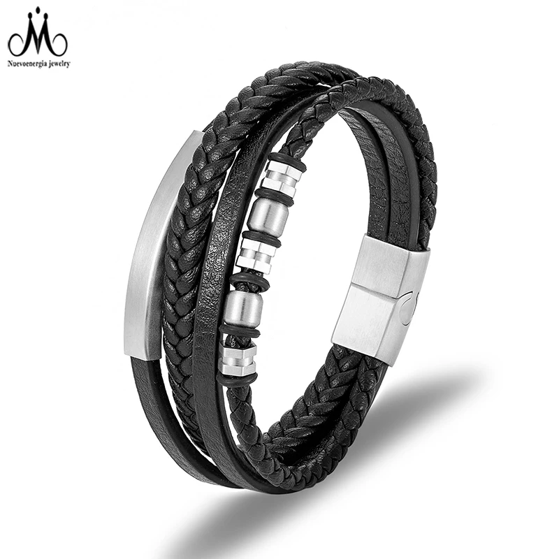 Trendy Genuine Leather Bracelets Men Stainless Steel Beads Multilayer Braided Rope Bracelets For Male Bracelets Jewelry