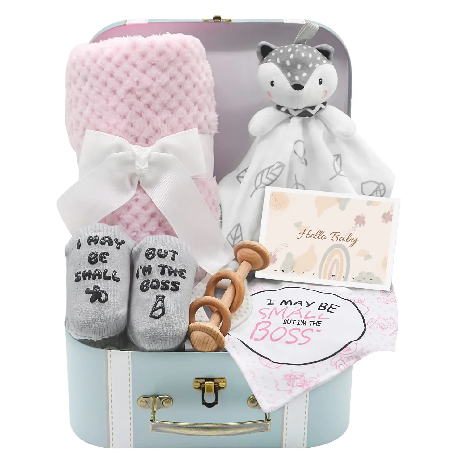 2024 New baby CLOTHING TOYS gift box Baby Security Blanket Wooden Rattle Toy Funny Baby Bibs Gift Set