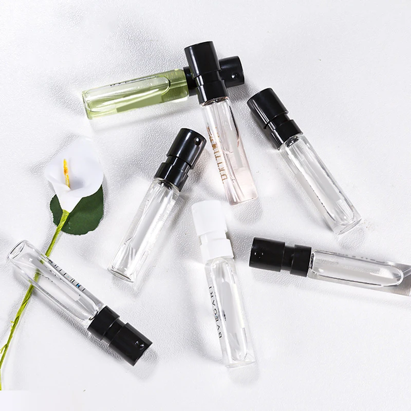 Wholesale In stock 2ml mini glass vials perfume sample pray bottle loge printing perfume spray bottle with black cover