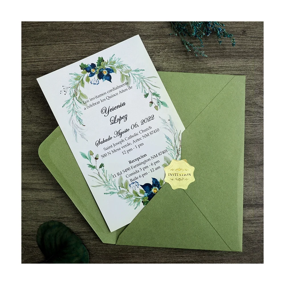 Customized Unique Cheap Laser Cut Green Paper Birthday Meeting Wedding Invitation Card with Cotton Envelope & Sticker