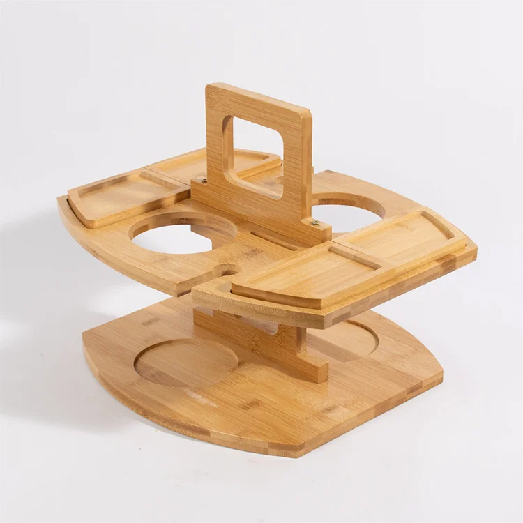 natural bamboo Portable Wine Picnic Table with Wine and Glass Holders