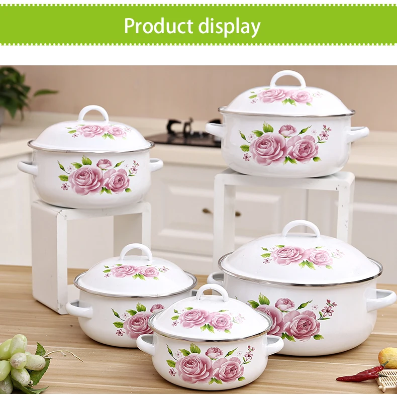 High quality cooks tradition enamel camping pot 5 Pcs Enamel Pot Sets with Decal Flower Cover