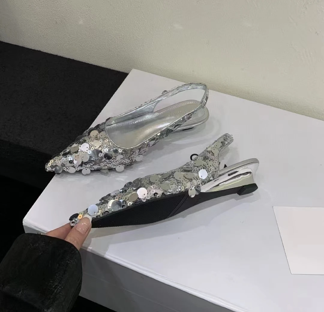New Comfortable Shining Sequin Pointed Toe Flat Sandals  Ladies Wedge Sandals Shoes Luxury Sandal Heels Women Wholesale Shoes