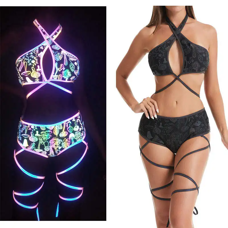 New zebra Pattern Design Printed Cute rainbow Reflective Women Female Cross Strap Crossover Halter Bottom Bikini Split Swimsuit