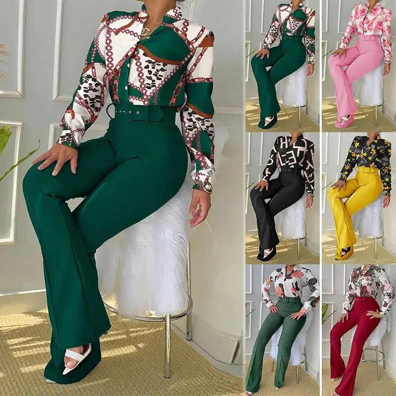 C7028 Latest Design Elegant Classic Two Piece Pants Set Women Long Sleeve Ladies Shirt And Pants Suit