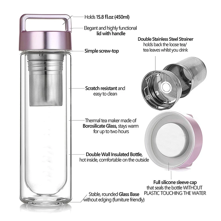Wholesale Tea Infuser Double Wall Glass Water Bottle With Handle