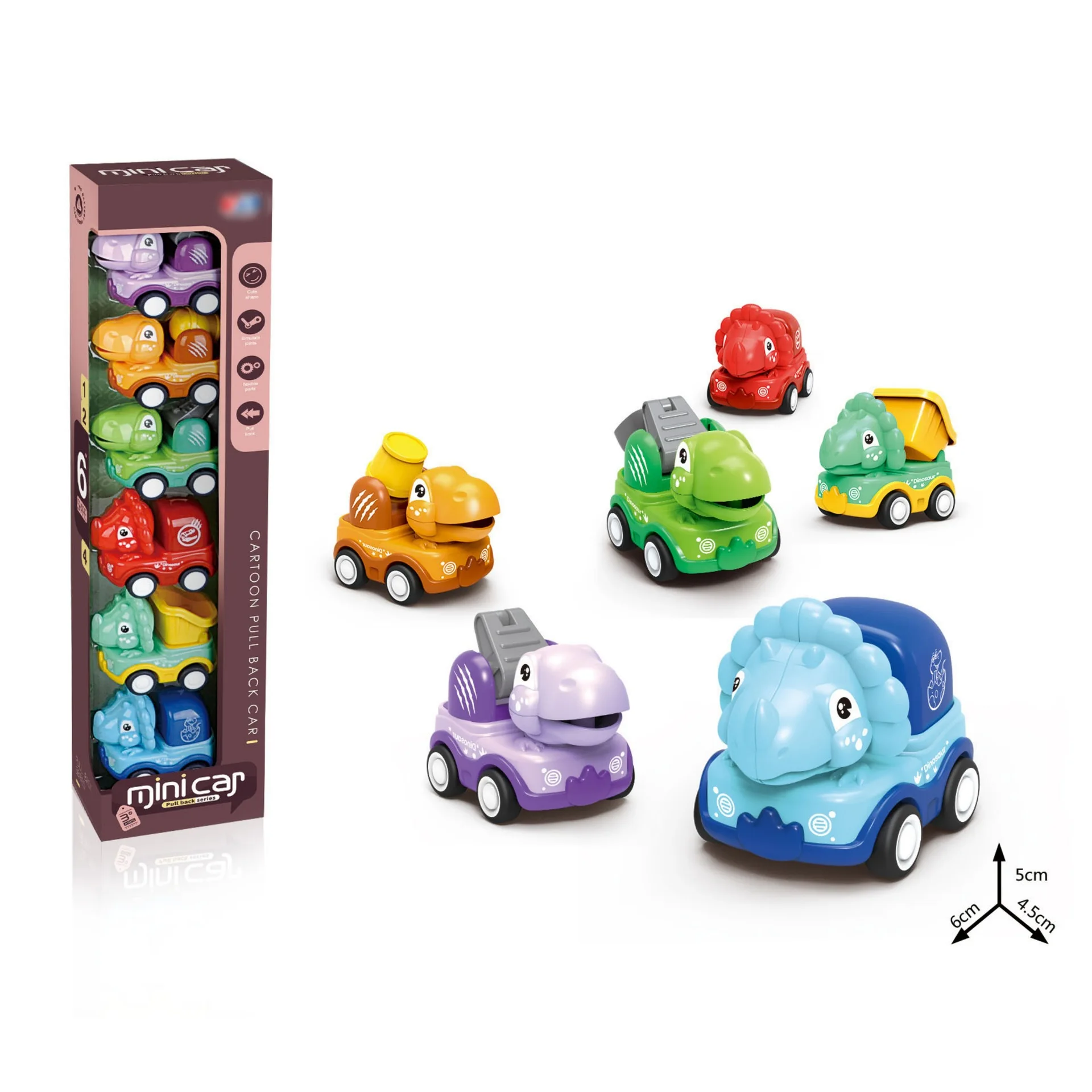 2024 New Style 6Pcs Model Plastic Cartoon Cute Dinosaur Racing Vehicle Mini Dinosaur Pull Back Cars Toy For Child Dinosaur