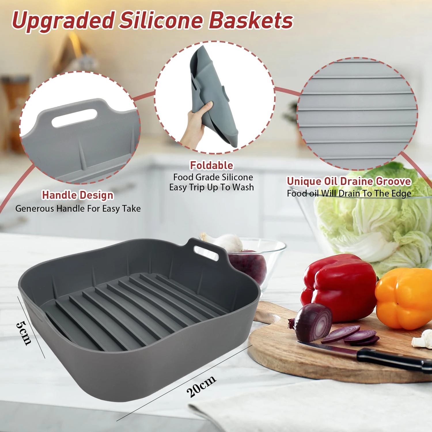 Air Fryer Silicone Liners and Handle,Square Non-stick Airfryer Basket Accessories Reusable Washable Silicone Pot