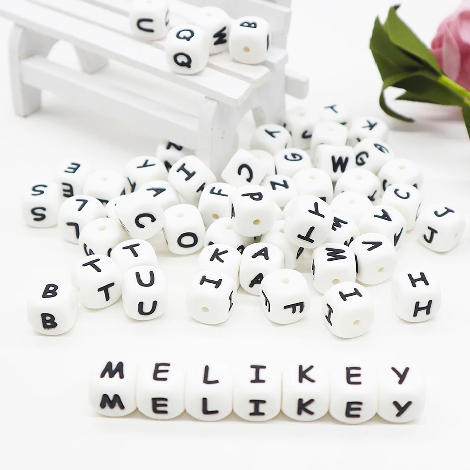cute kids teething pacifier clip beads keychain ring wholesale kits 12mm white cube alphabet baby silicone letter beads