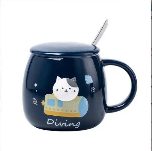 Hot sale ceramic Potbelly mugs dark bule color cute cat cup design