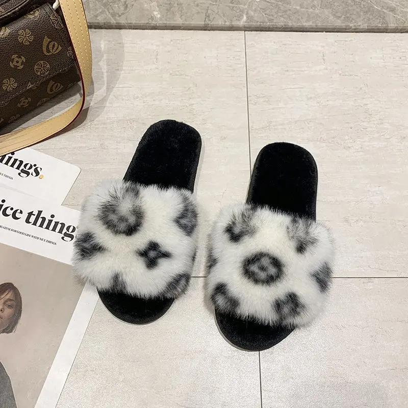 Hot Sale Slippers Winter Slide Slippers Fashion Warm Leopard Print Indoor Home Autumn/winter Fur Women Ladies Girl Female TPR