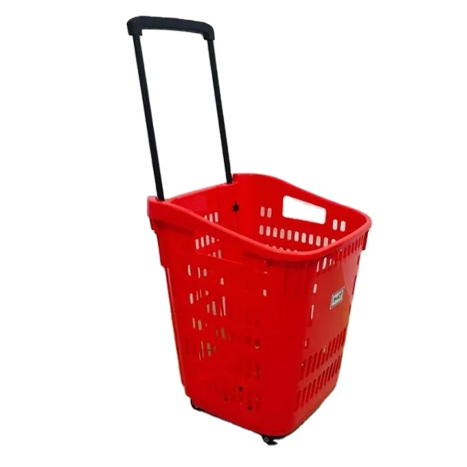 MOQ 20 PCS Big Size Folding Handle 55L Supermarket Plastic Shopping Basket,  4 Wheels Plastic Trolley Rolling Cart