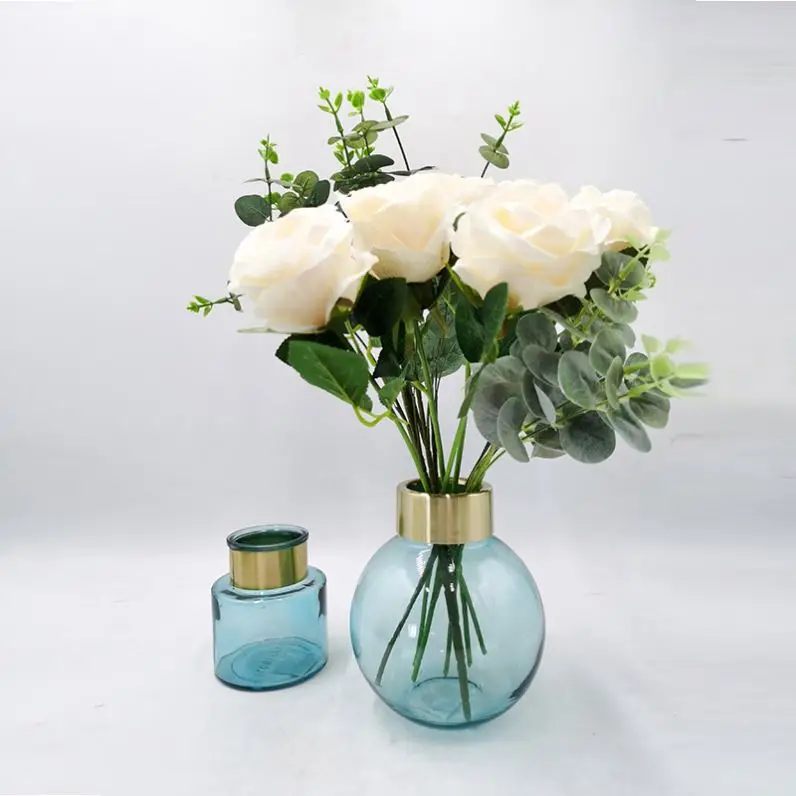 
Table decorative 10*10*11.5 luxury small blue flower glass vases with metal ring for wedding 
