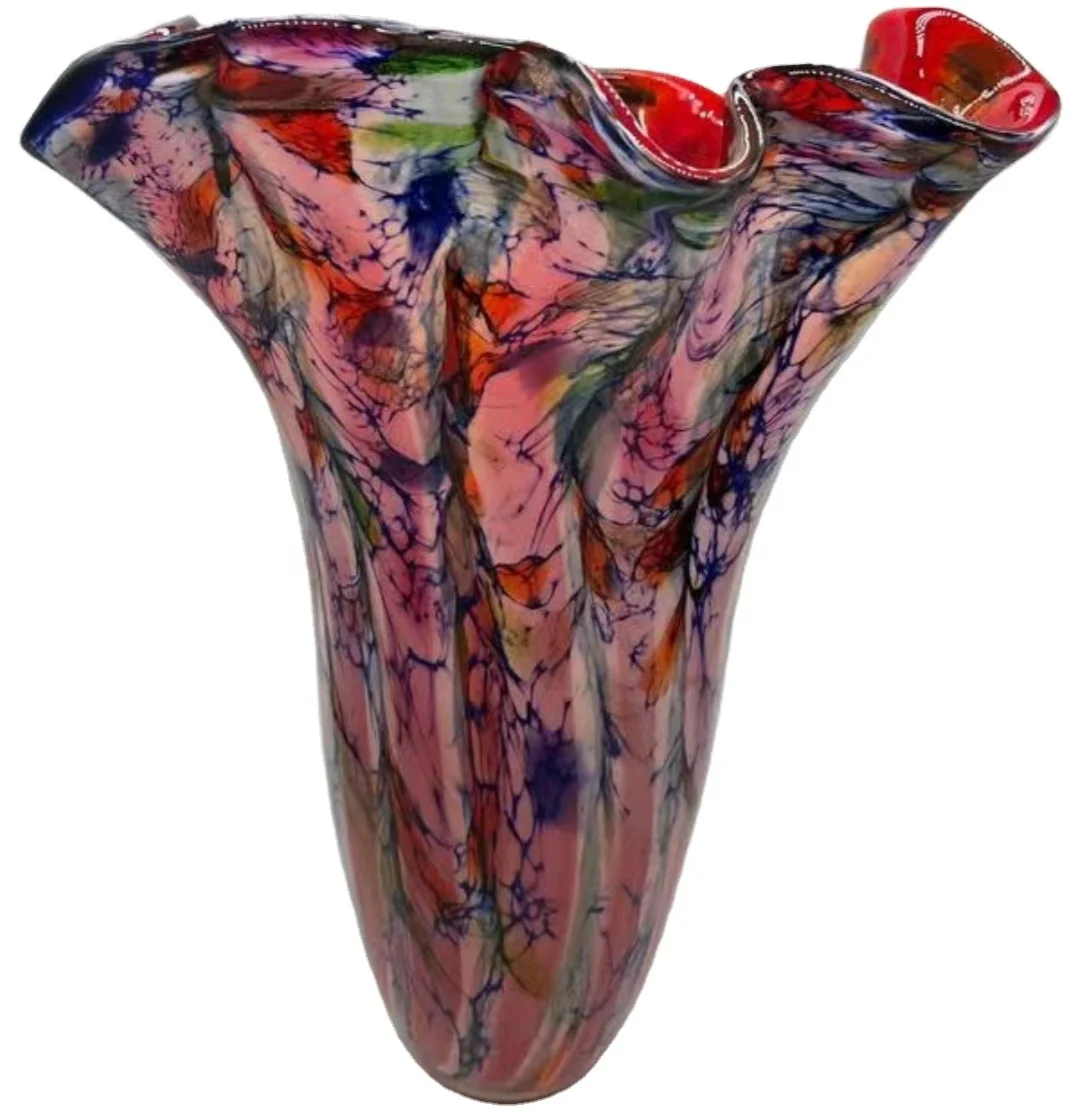 Hand Blown Flower Shaped Red Color Large Art Glass Vase