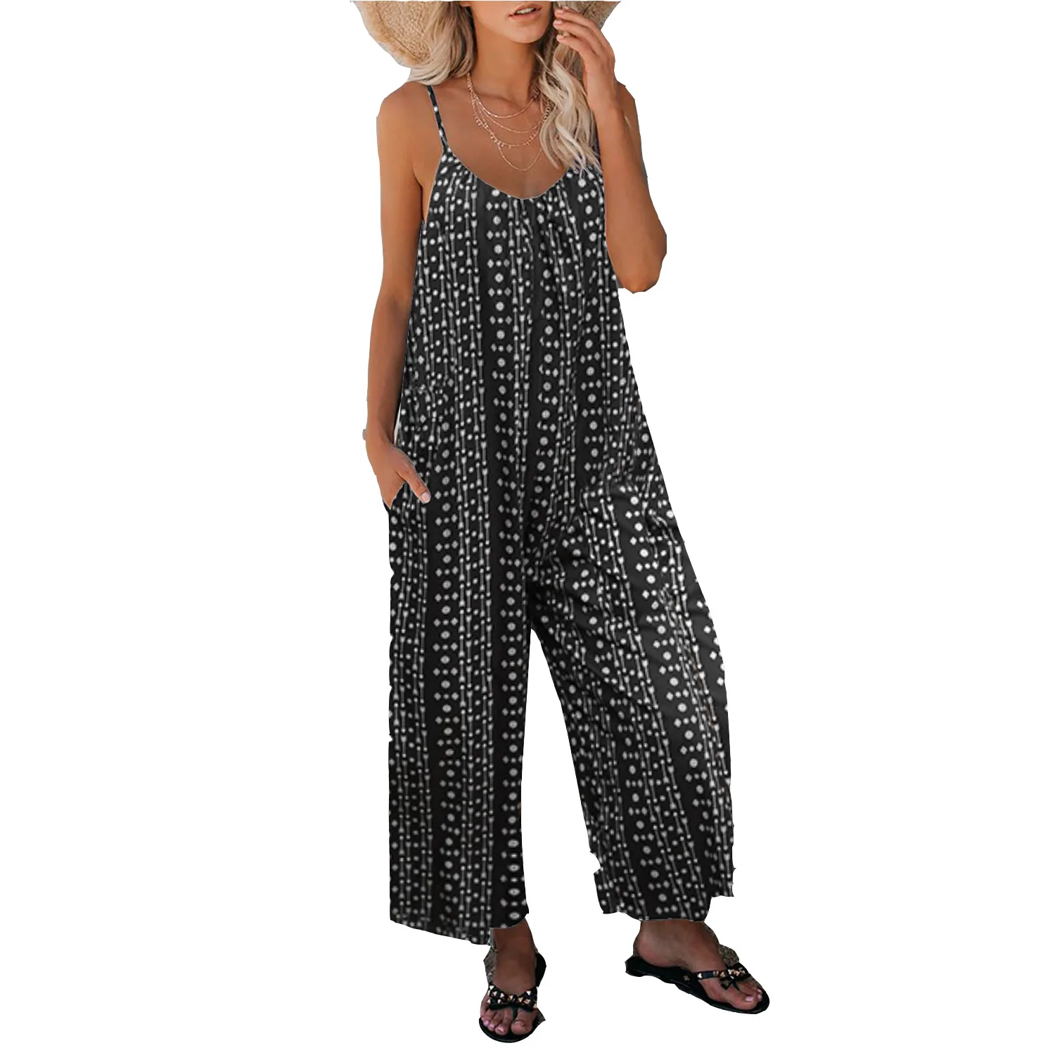 Custom Logo Ribbed Summer Loose Loose Sleeveless Print Lady Sexy Women Romper Jumpsuit