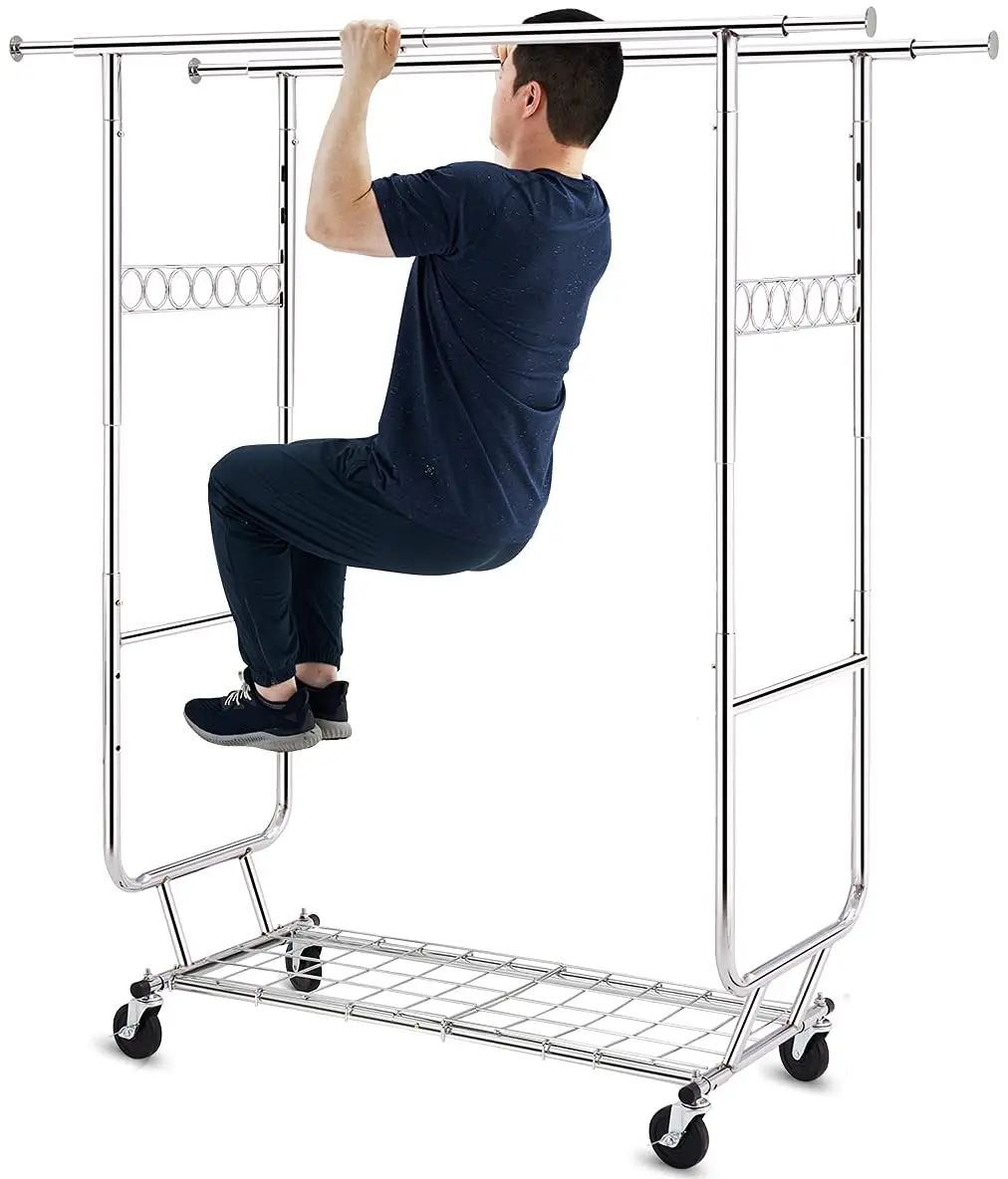 Double Clothing Garment Rack with Shelves Capacity 250kg Clothing Racks on Wheels Rolling Clothes Rack for Hanging Clothes