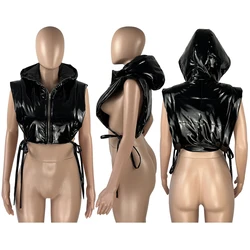 Trendy Ladies PU Leather Coat Sleeveless Side Slit Hooded Street Wear Fall Womens Puffer Jacket