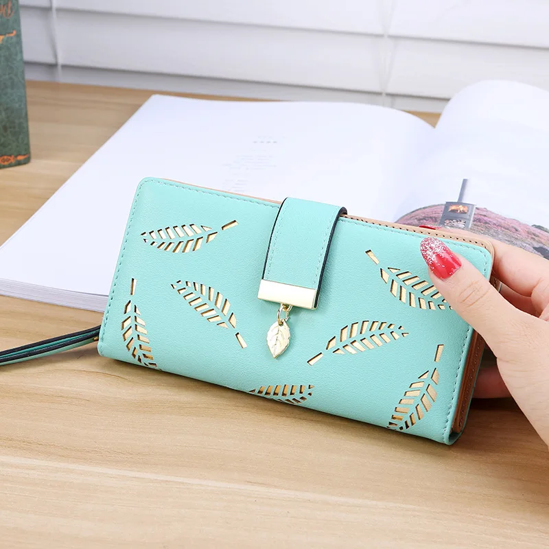 
2020 popular drop shipping hollow out leaf pattern long black clutch cell phone purse leather wallets for women fashionable 