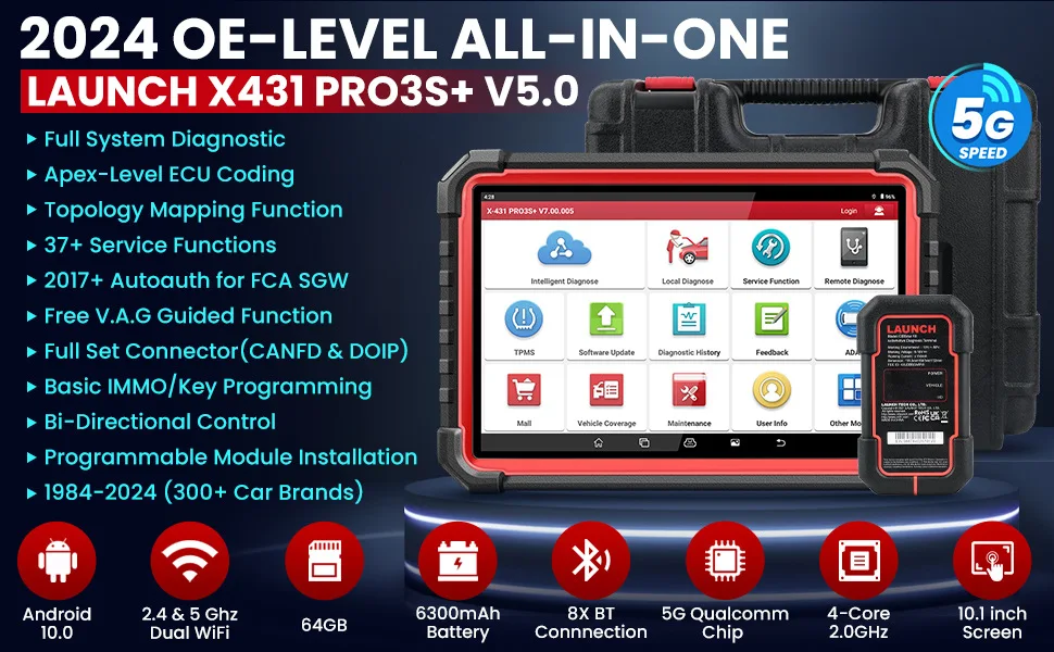 Launch X431 PRO3S+ V5.0 Full System Car Diagnostic Tool OE Topology Mapping ECU Coding without OBD1 Connector