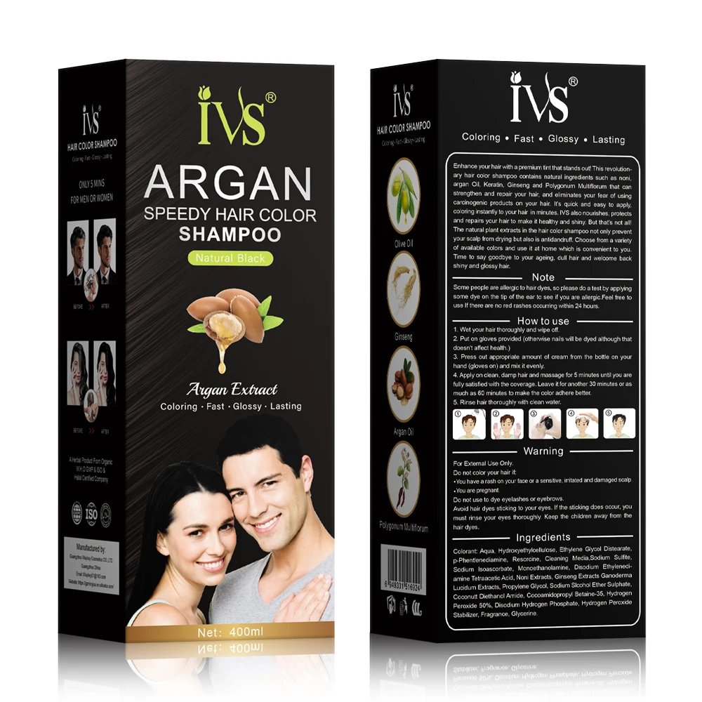 IVS 400ml Professional Permanent Halal Argan Oil Natural Black Hair Shampoo Dye Hair Color Shampoo For Men And Women