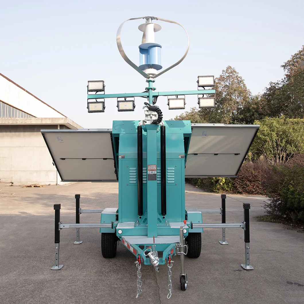 Portable No emissions solar light tower with wind turbo Australian Standard Trailer