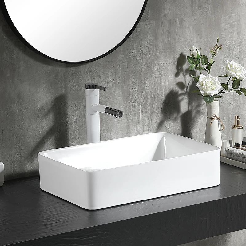 Pinzhu special design ceramic rectangular lavabo white above counter basin bathroom wash sink with  washboard