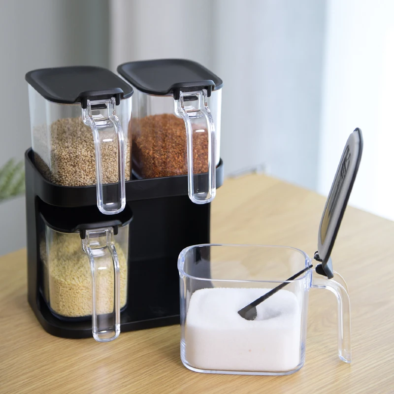 Citylife Small Salt Sugar Plastic Condiments Food Container Seasoning Jar Stack Plastic Spice Jar Container Black with Spoon