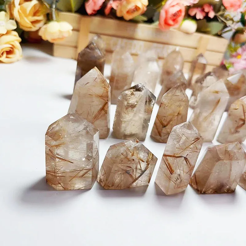 Natural Rutilated Crystal Wand Golden Hair Crystal Tower Gold Rutile Quartz Point For Healing