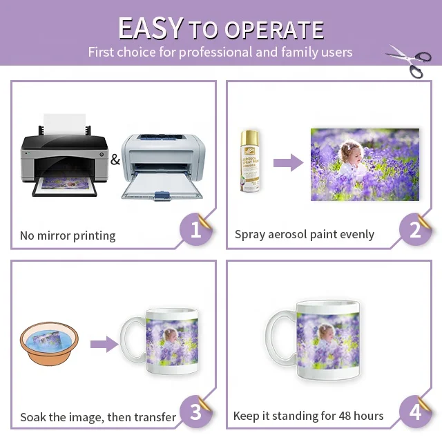 Pack of 100 Sheets No Bake paper sheets A4 Size compatible printers water transfer paper for Glass