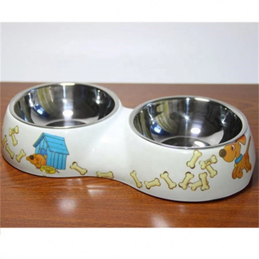 New cartoon printing stainless steel non-slip pet water fountain pet double bowl dog cat bowl pet bowls