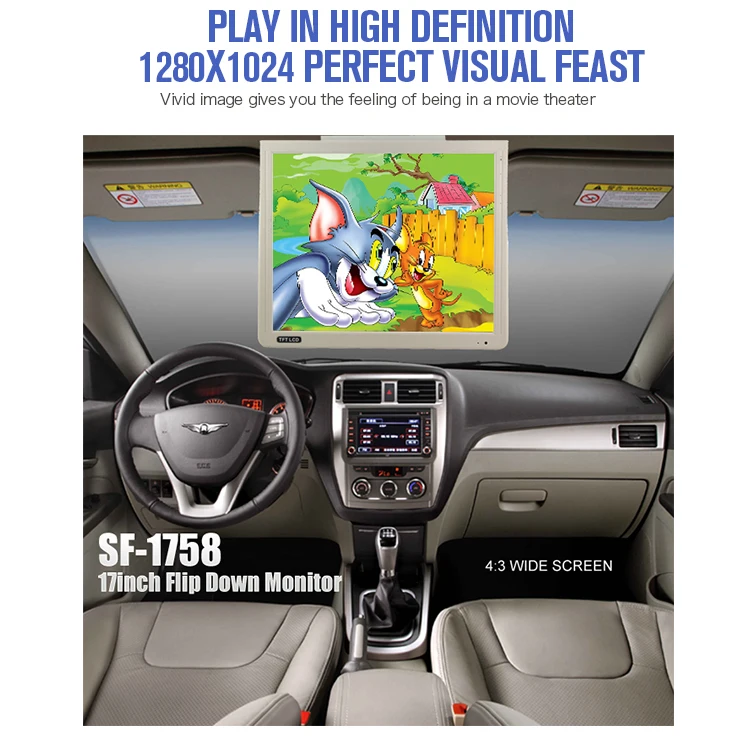 280x1024 resolution roof mounted monitor hot sale 17inch car monitor ISO ceiling flip down monitor