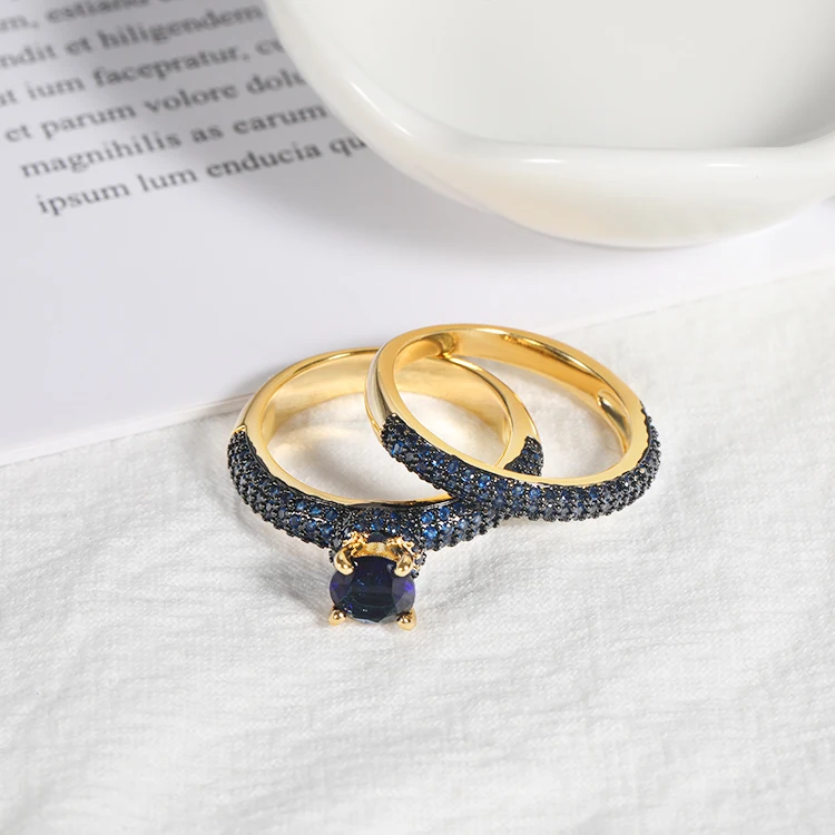 
Double Ring sets 18k 20k Gold plated wedding ring set Black stone cz crystal zirconia ring for girls women 