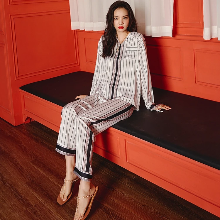 Ladies Silk Vertical Stripe Spring Summer Pajama Set Pyjama De Luxe Women Sleepwear Loungewear Set
