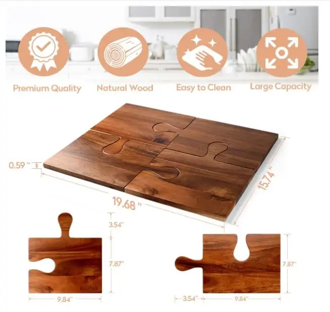 Set of 4 Large Acacia Wood Charcuterie Boards Puzzle Handles Disposable Wooden Cutting Deli Boards Home Kitchen Cheese Serving