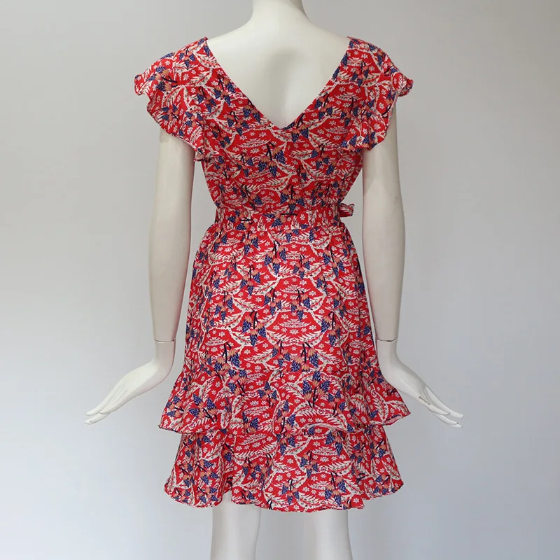 
Womens Sexy Casual Summer Butterfly V Neck Sleeve Red Floral Dress 