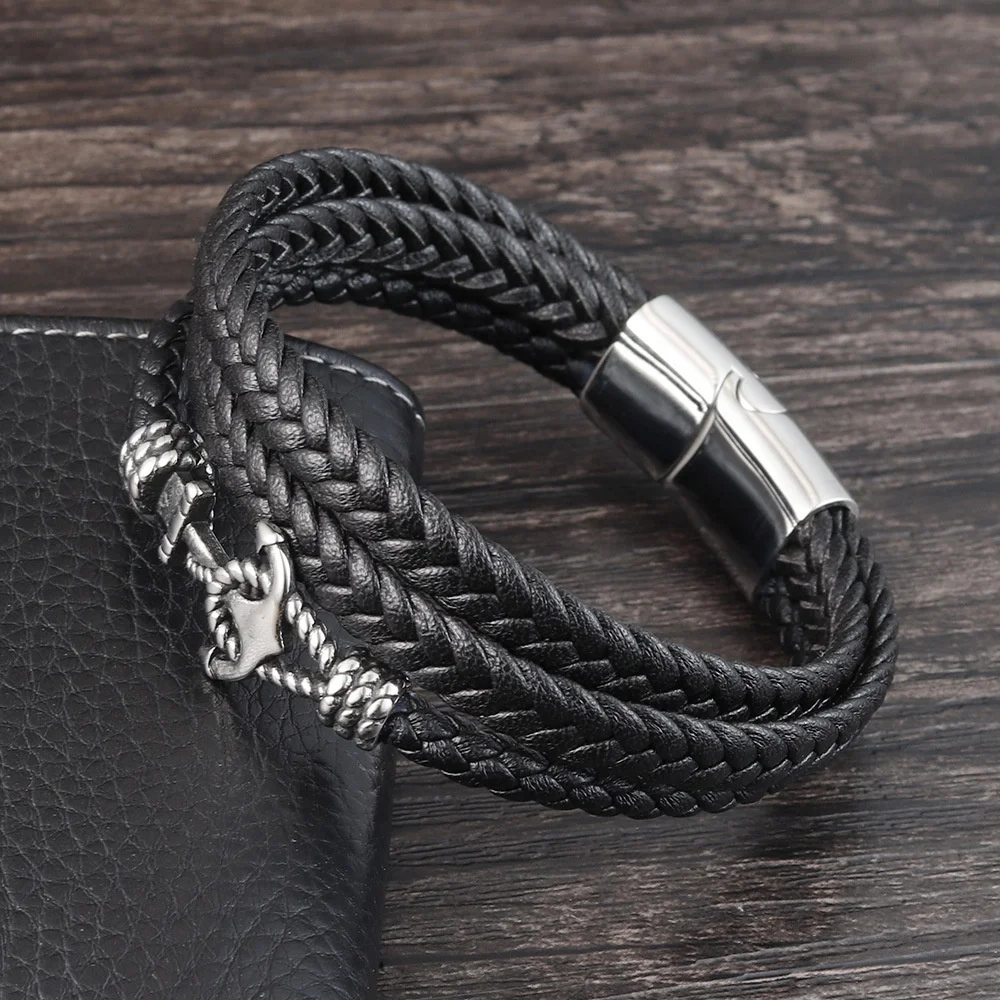
2021 Silver Anchor Accessories Chain Cuff Bracelet Stainless Steel For Mens Jewelry Gift Genuine Leather 