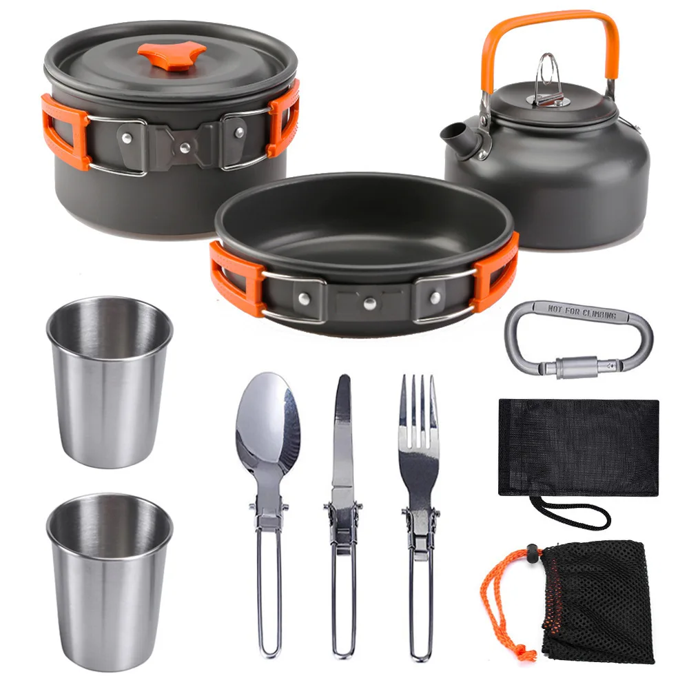 Outdoor Camping 2-3 People Cookware Mess Kit With Folding Stove Lightweight Pot Pan Kettle Set With Plates Forks Knives Spoons