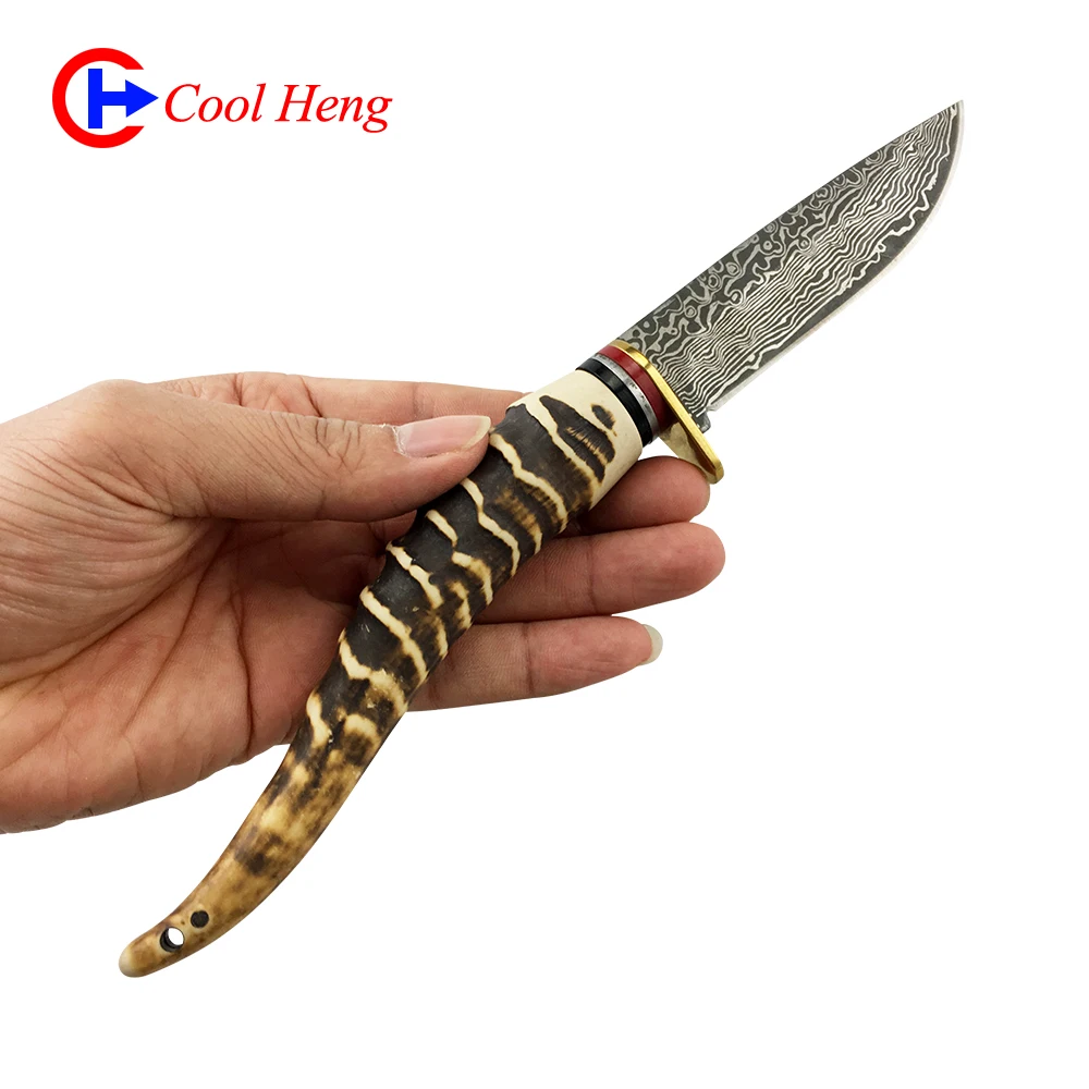 
Damascus pattern Antlers handle outdoors knife Retro Camping hunting knife With PU knife cover 