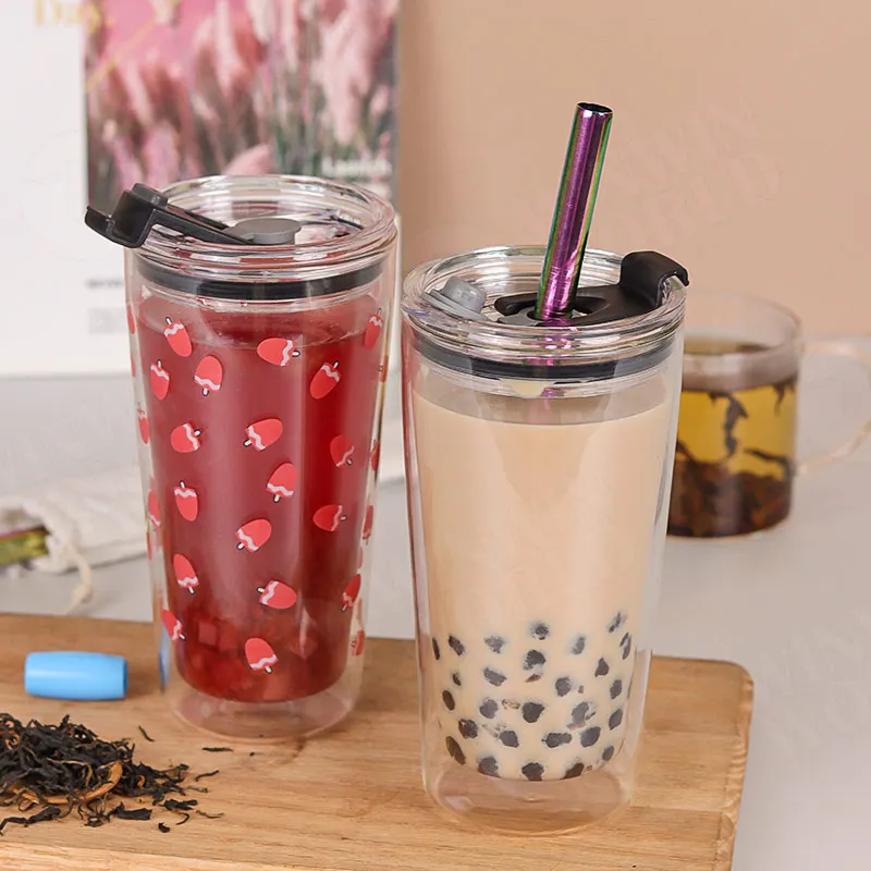 Reusable Borosilicate  Double Wall Glass Boba Tumbler Bubble Mug with Wide Mouth Lid and Straw Glass tea tumbler boba travel mug