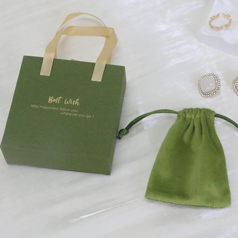 Wholesale Green Custom Logo Jewelry drawstring Pouch Cardboard One Set Jewelry Box Set