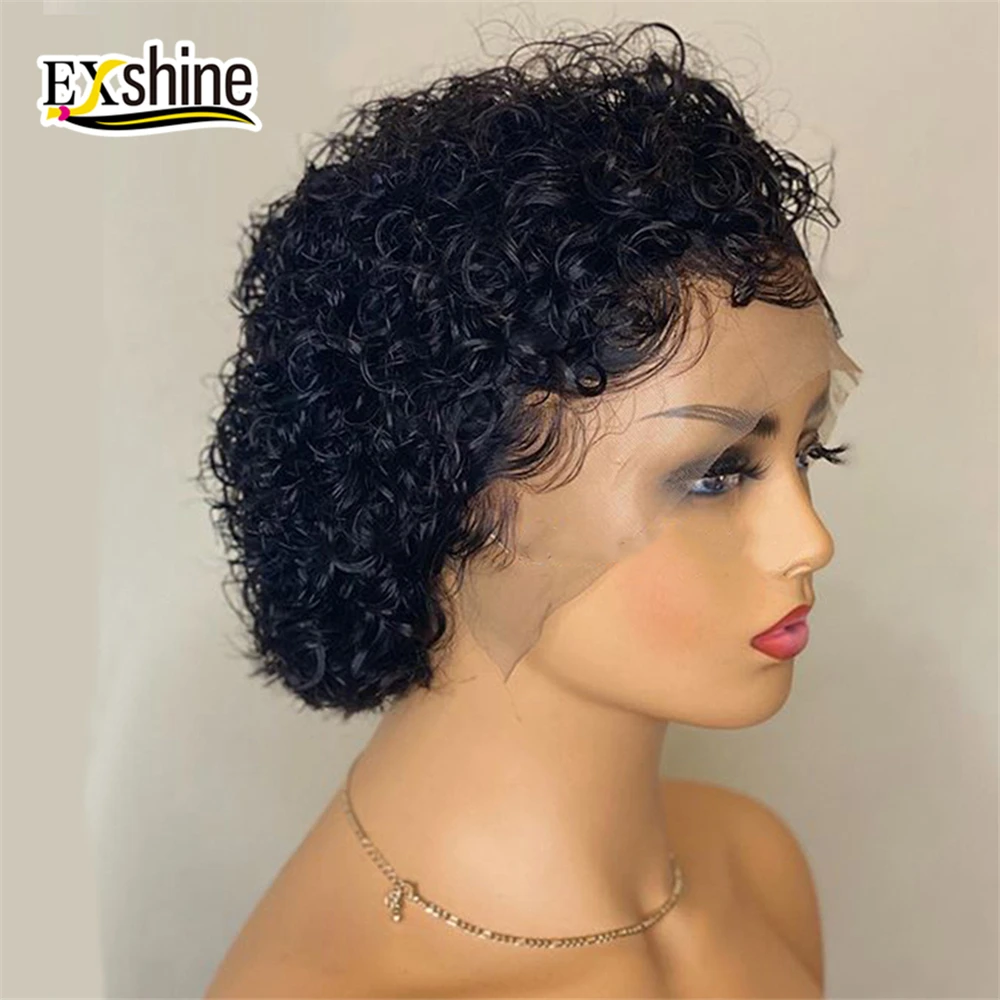 
8 дюймов Натуральные Черные Короткие вьющиеся бразильские волосы с выравненной кутикулой, необработанные натуральные волосы, парики на шнуровке спереди с вырезами фальшивой, человеческие волосы 