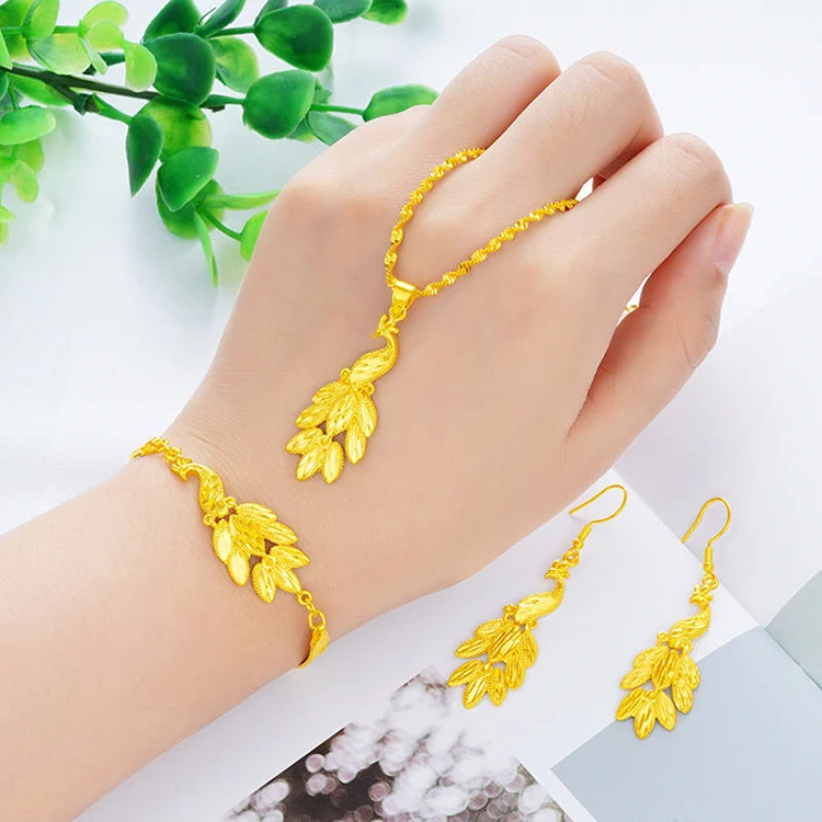 Gold Plated Jewelry Gold Imitationpeacock Necklace Set Bracelet Earrings Ethnic Style Wedding Jewelry